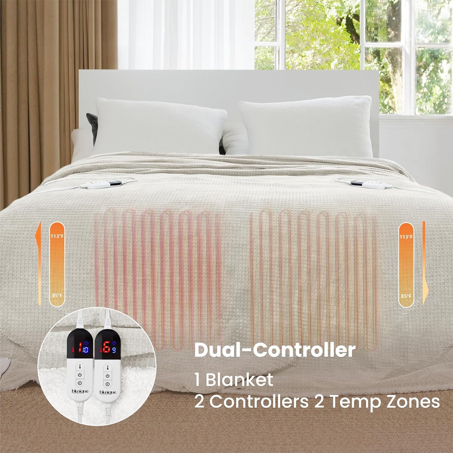 Heated Blanket Electric Blanket Queen Waffle, 84x90 Inches Dual Controllers Sherpa Fleece Fast Heating Blanket 6 Heating Levels & 10 Hours Auto Off ETL Certification,Beige Queen