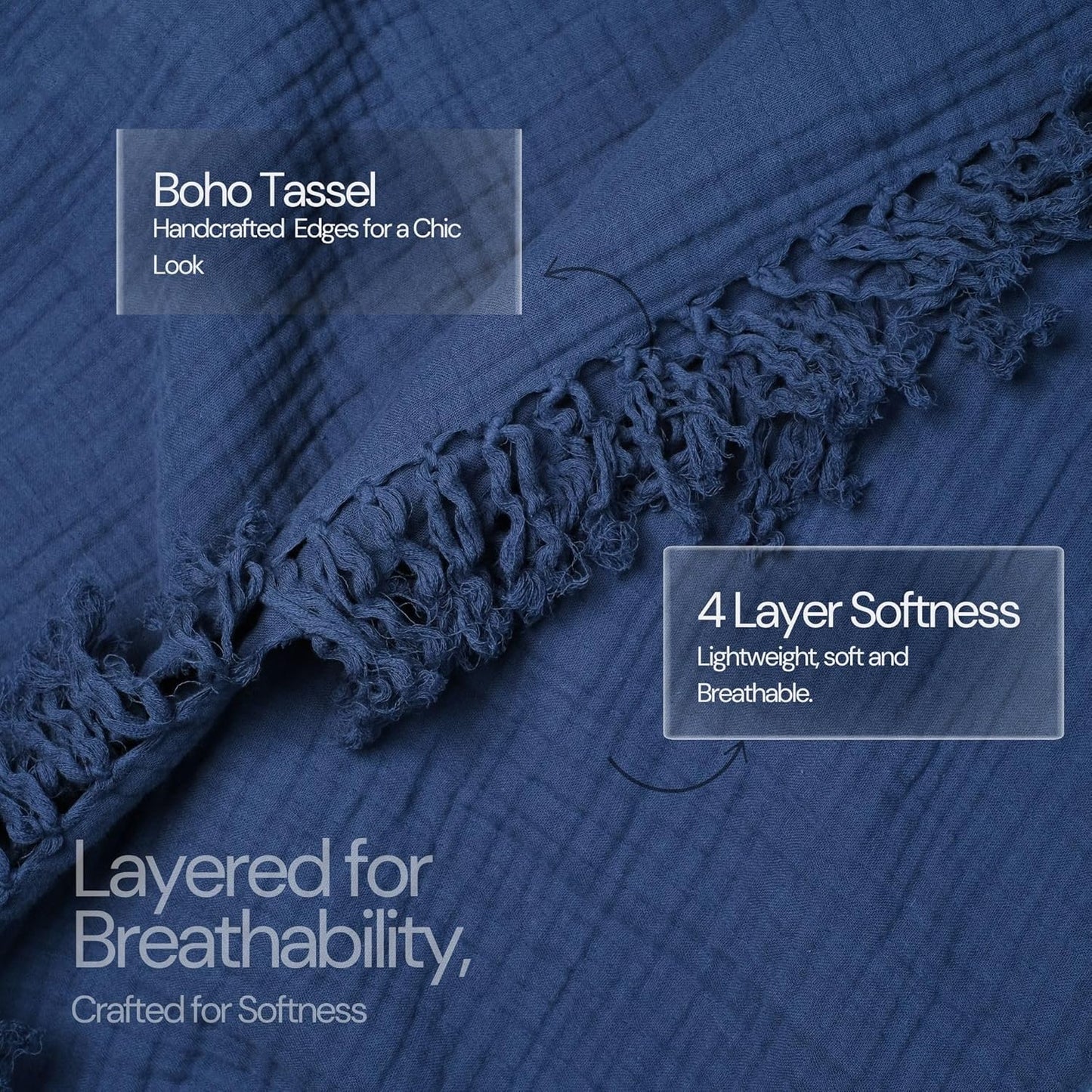 Salt Earth 100% Cotton Muslin Throw Blanket, Gauze Blanket 50"X60" Throw with Tassel 4 Layered for Couch, Bed, Living Room, Home,Lightweight & All Season Blankets & Throws, Skin Friendly(Navy Blue)