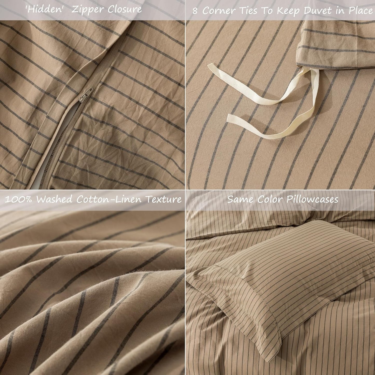 Stripe Duvet Cover Queen Size 90inch x 90inch,100% Washed Cotton Pinstripe Duvet Cover with Zipper Closure and 2 Pillowcases, Color of Light Camel-Black Stripe