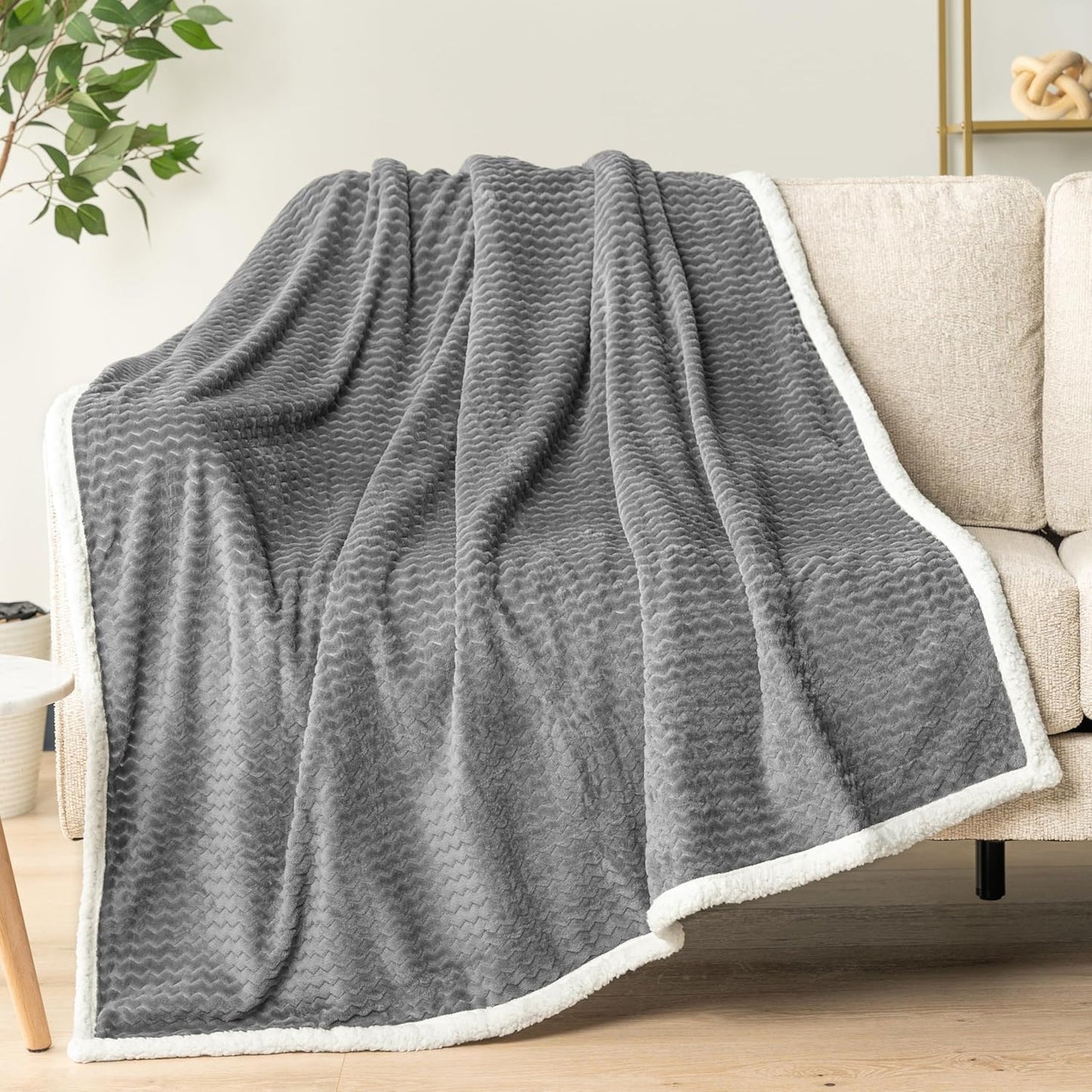PAVILIA Dark Gray Twin Bed Blanket Reversible Sherpa Chevron, Soft Cozy Jacquard Weave Textured Throw Sofa Couch, Thick Warm Large Fleece Car Blanket, Decorative Plush Home Decor Gift, 60x80 Dark Grey