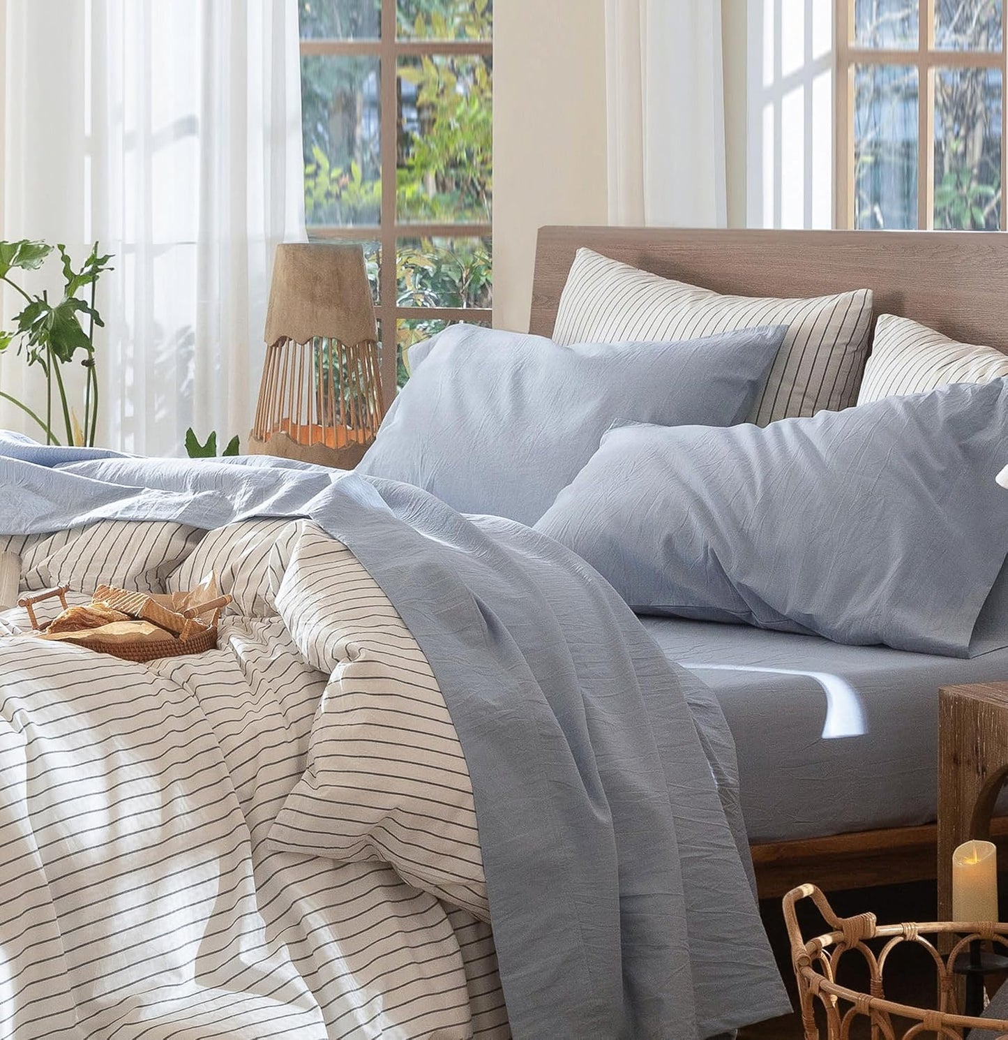 MooMee Bedding Sheet Set 100% Washed Cotton Linen Like Textured Breathable Durable Soft Comfy (Heathered Cornflower Blue, Twin XL)