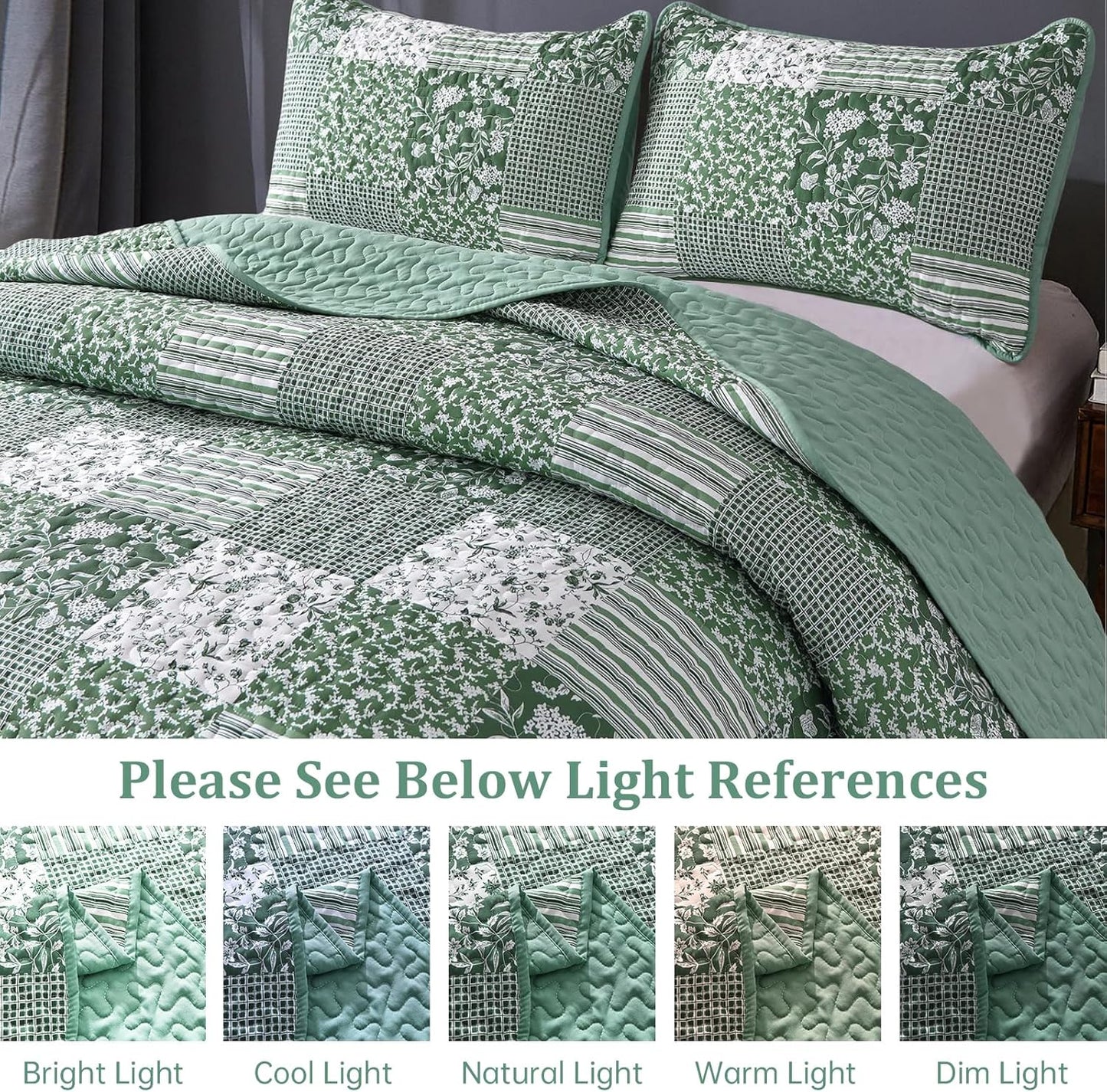 Mybedsoul Sage Green Boho King Quilt Set, 3-Piece Reversible Soft Plaid Floral Bedding Set with 2 Pillow Shams - Sage Green King Size Quilt Bedspread Coverlet Set 90"x104"