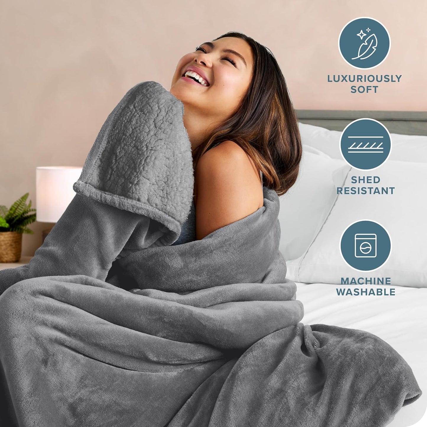 Bare Home Sherpa Fleece Blanket - Full/Queen Size - Blanket for Bed, Sofa, and Couch - Warm & Lightweight - Fluffy & Soft - Reversible (Full/Queen, Grey with Grey Sherpa)