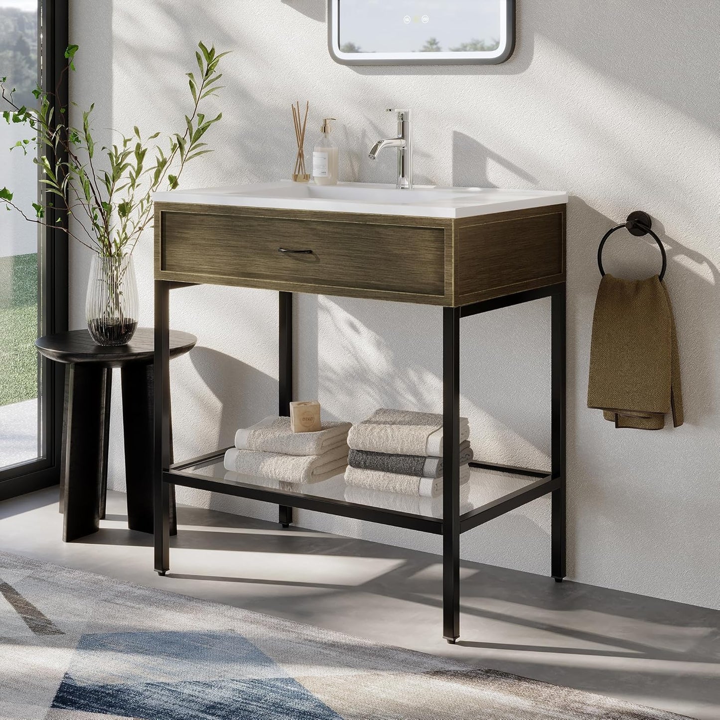 30 Inches Bathroom Vanity with Resin Sink, Single Sink Modern Cabinet Set, Stainless Steel Frame with Tempered Glass Open Shelf, Freestanding Bathroom Storage Cabinet Combo, Black