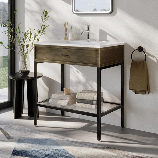 30 Inches Bathroom Vanity with Resin Sink, Single Sink Modern Cabinet Set, Stainless Steel Frame with Tempered Glass Open Shelf, Freestanding Bathroom Storage Cabinet Combo, Black