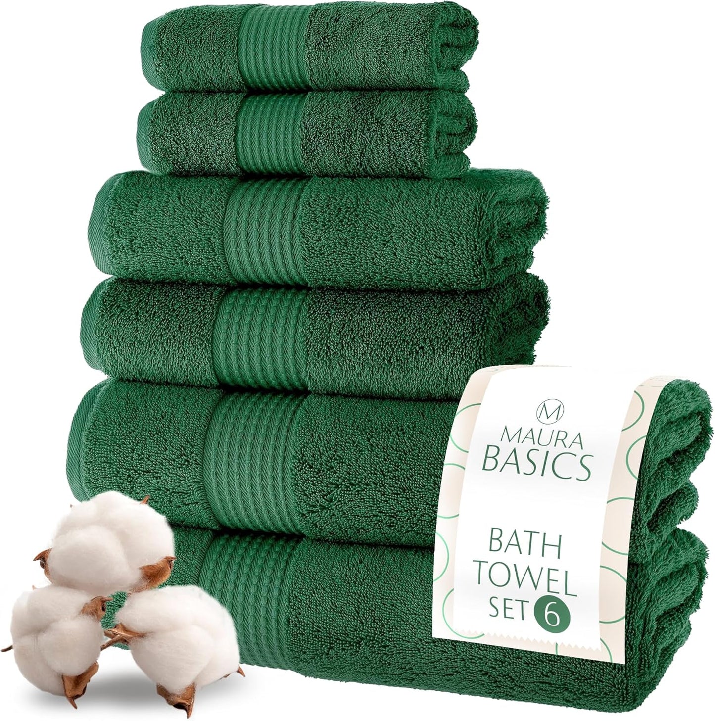 MAURA Basics Bath Towel Sets for Bathroom with Hanging Hook Loops. 2 Bath Towels, 2 Hand Towels, 2 Washcloths, Soft, Durable, Long Lasting and Absorbent Towels Set, Hunter Green