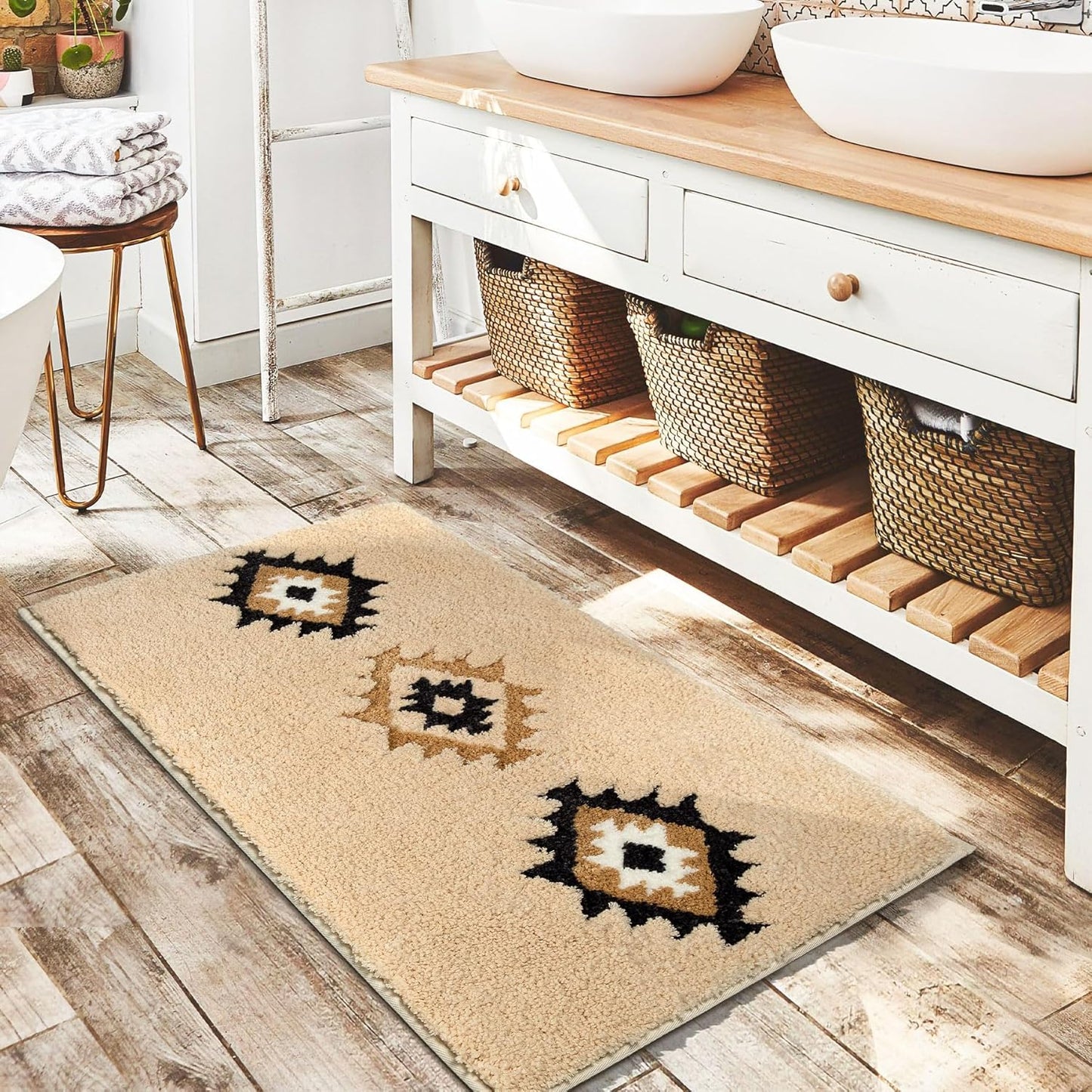 DEXDE Bathroom Rugs 24x36 Boho Cream Beige Bath Mat Non Slip Western Geometric Bath Rug Luxury Soft Absorbent Carpet for Bathroom Shower Kitchen Entryway Farmhouse Neutral Decor