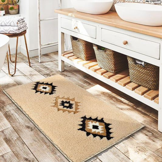 DEXDE Bathroom Rugs 24x36 Boho Cream Beige Bath Mat Non Slip Western Geometric Bath Rug Luxury Soft Absorbent Carpet for Bathroom Shower Kitchen Entryway Farmhouse Neutral Decor