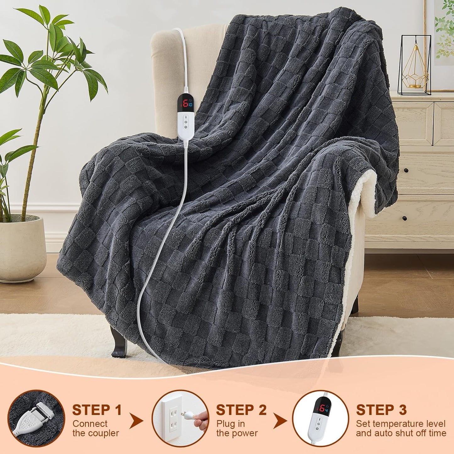 Electric Heated Throw Blanket - Jacquard Checkered Sherpa 50"x60" Fast Heating Bed Blankets with 6 Heating Levels & 4 Hours Auto Off, Over-Heat Protection ETL, Dark Gray