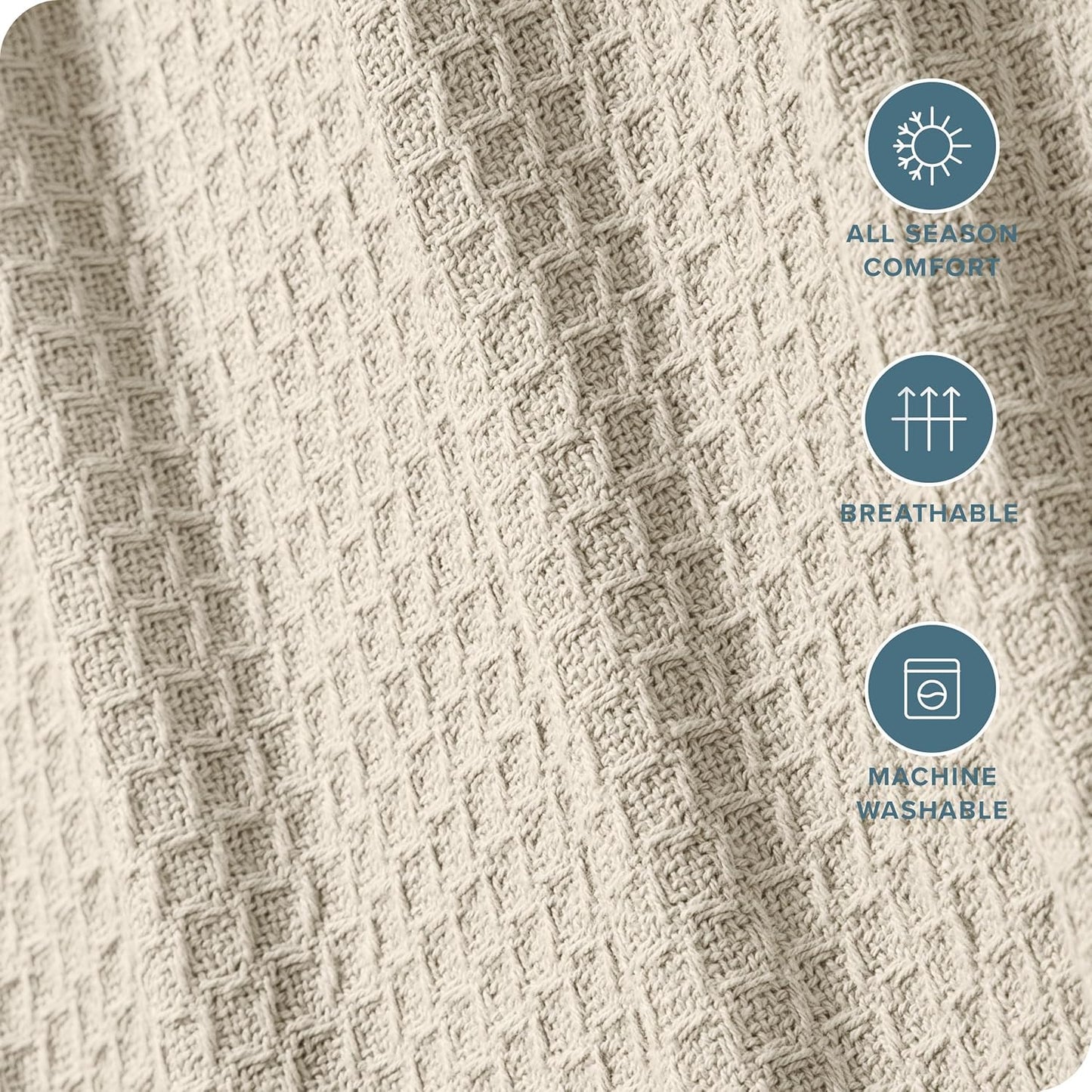 Bare Home Oyster Waffle Blanket, Throw Size 44Wx66L, 100% Cotton, Soft & Breathable for All Seasons, Lightweight, Perfect for Layering Bed, Sofa & Couch (Throw/Travel, Oyster)