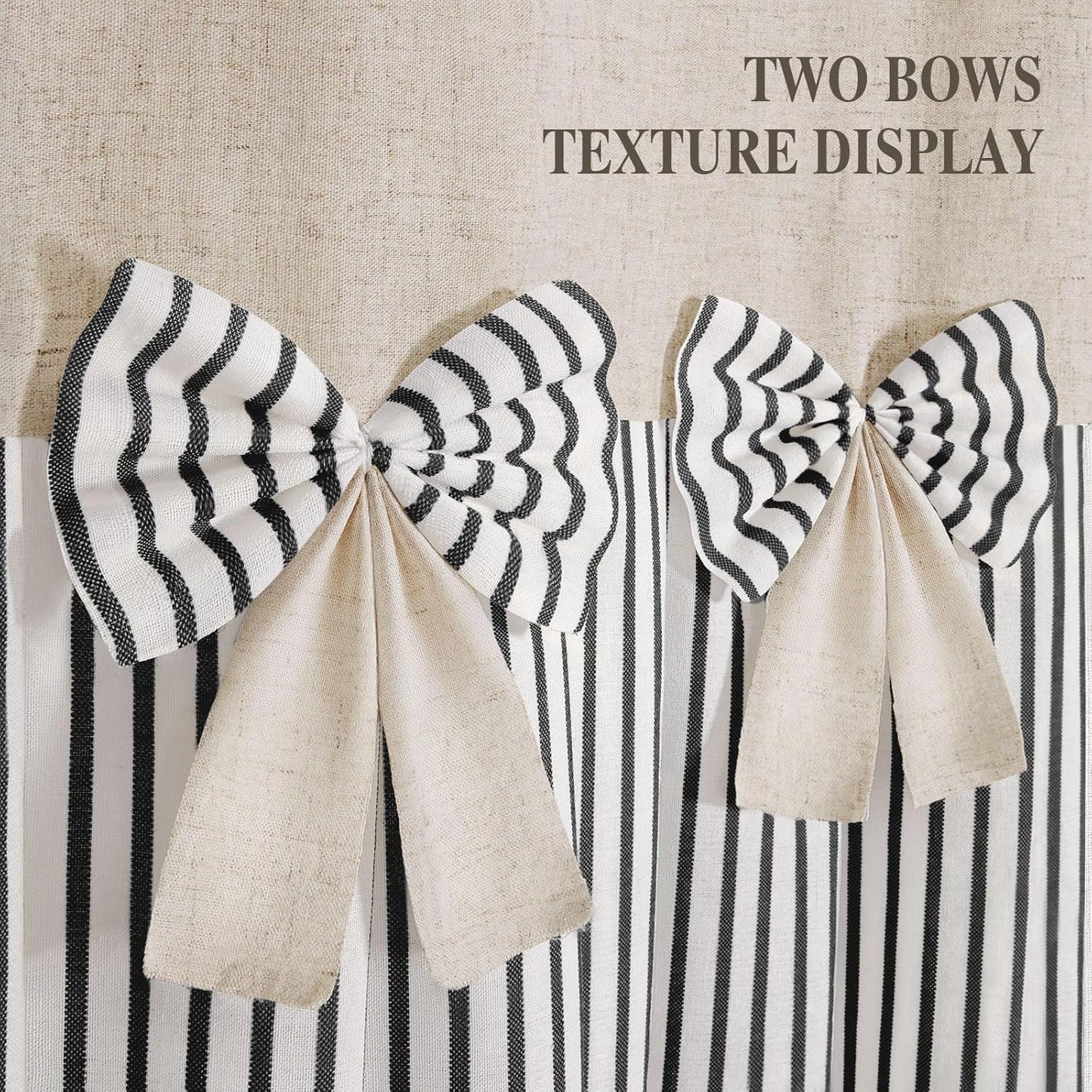Farmhouse Shower Curtain Linen Bow Woven Fabric Country Rustic Western, Pleated Black Stripe 72" W x 72" L