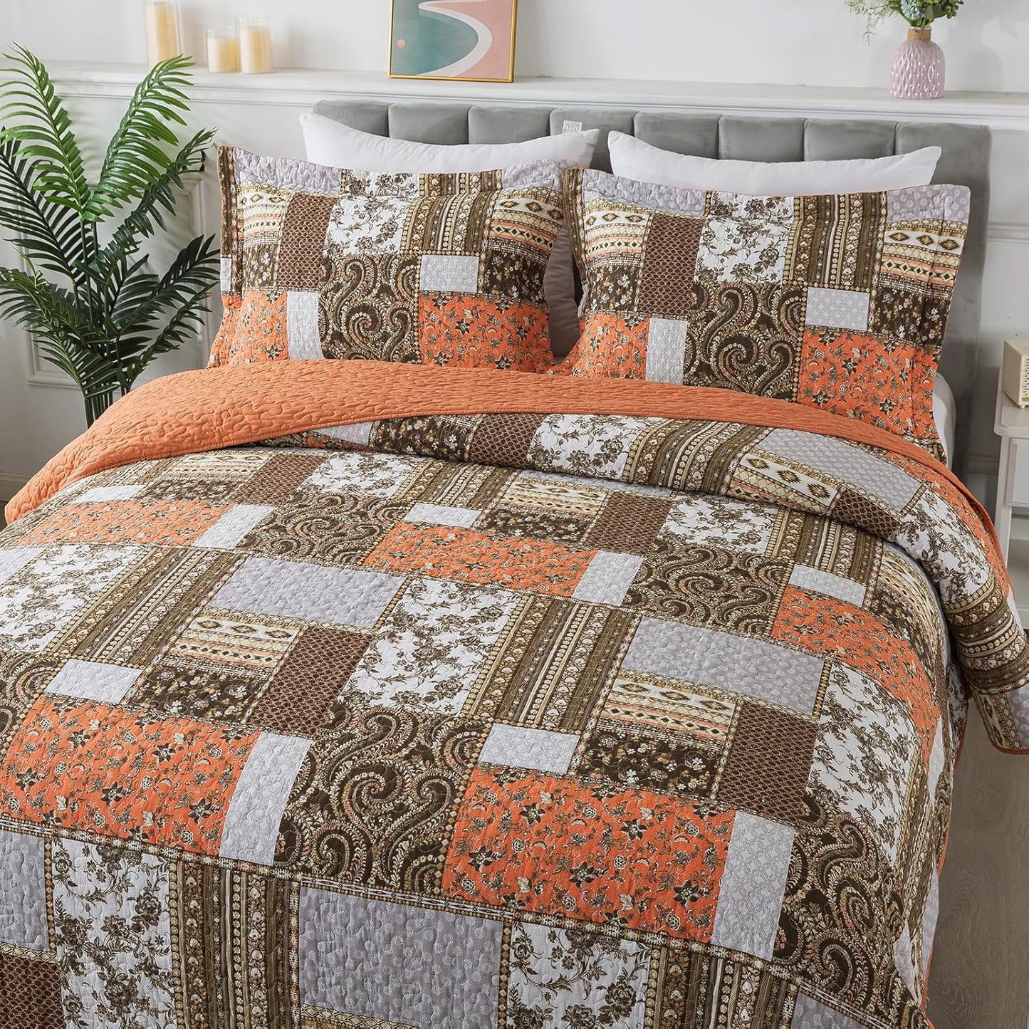 BEDIFANY Cotton Quilts King Size for Farmhouse- Fall Patchwork Bedspread Set - Highly-Woven Soft Reversible King Size Bed Spread for All Seasons (Floral Orange) 3 Pieces