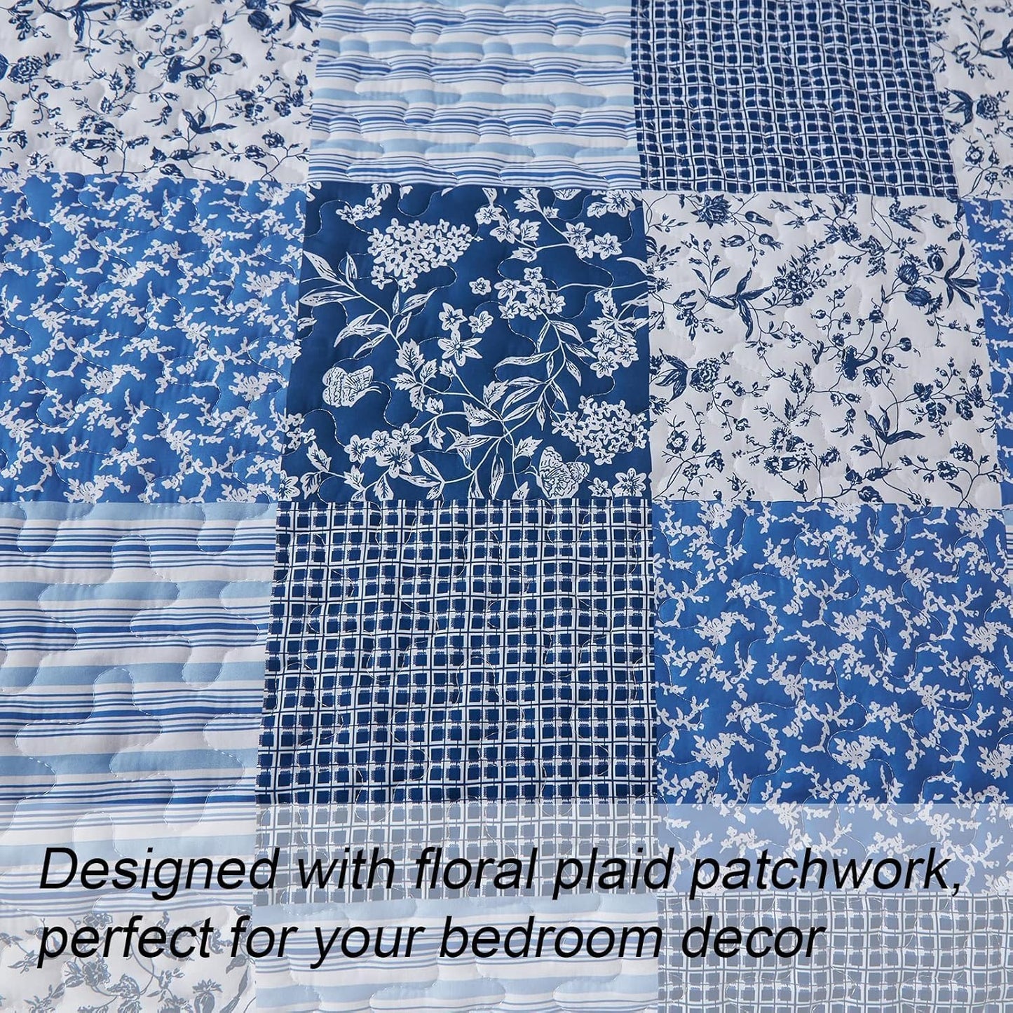 Mybedsoul Blue Quilt Set Twin Size, 2 Pieces Plaid Floral Bedspread Set Patchwork Reversible Bedding Set Microfiber Lightweight Bedspread Coverlet Set for All Season 68"x86"