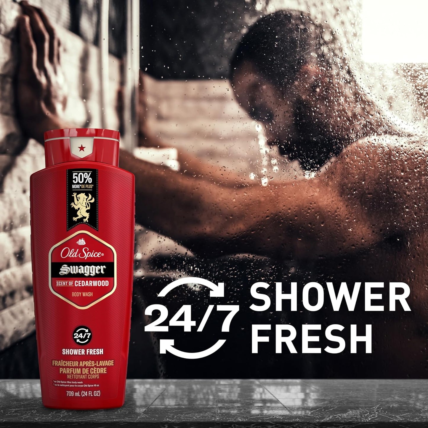 Old Spice Refreshing Body Wash for Men, 3X Defense, 24/7 Shower Fresh with Long Lasting Scent, Red Collection, Swagger with Cedarwood Scent, 24 oz (Pack of 4)