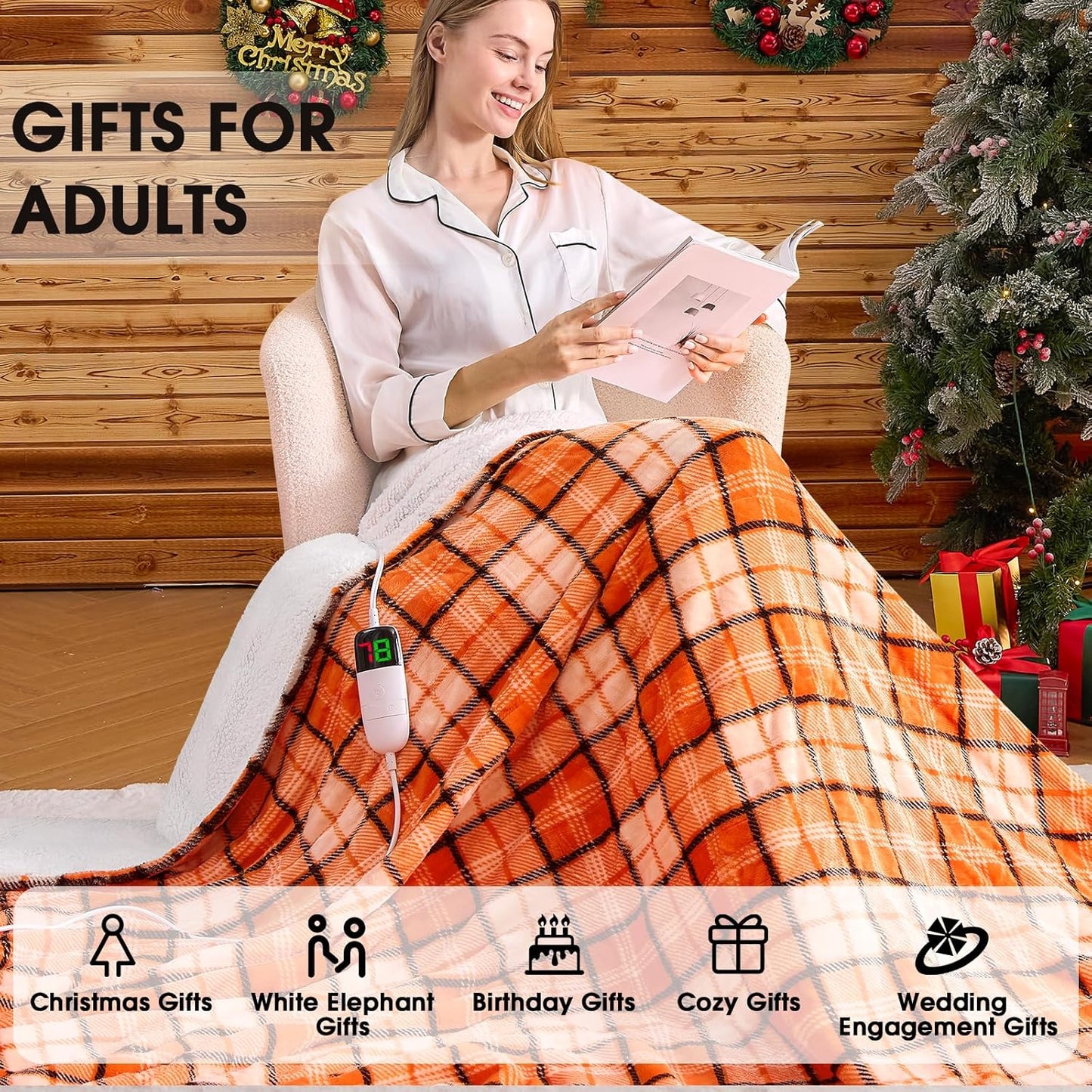 OCTROT Electric Heated Blanket King Size, 90X100 Orange Blanket with Dual Control&10 Heats Levels&Timer for Bed,Large Plaid Sherpa Heating Blankets Warmer Gifts for Women Grandma Halloween Home Decor