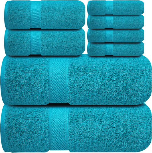 Infinitee Xclusives Luxury 100% Cotton Towel Set – 8 Piece Bathroom Towel Set (2 Bath Towels, 2 Hand Towels, 4 Washcloths) – Soft & Absorbent Towels for Bathroom (Serene Teal)
