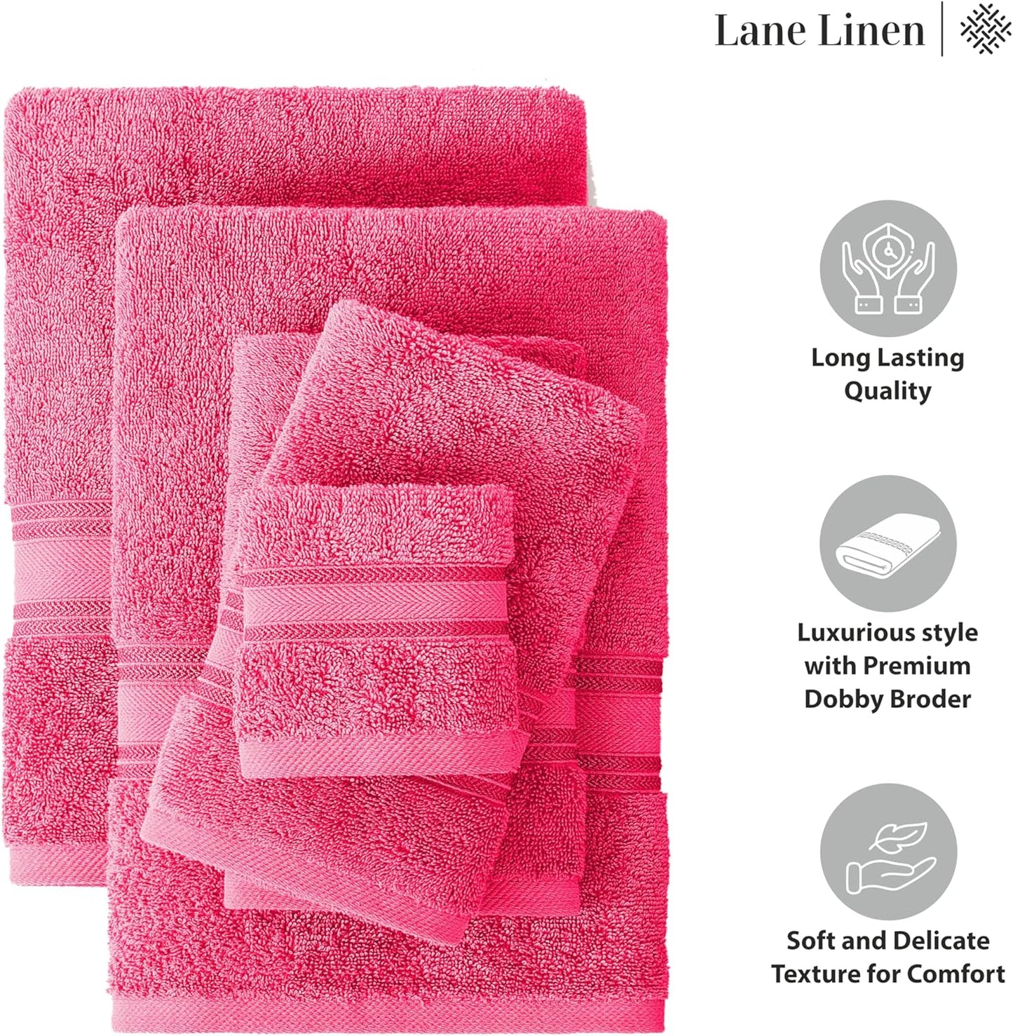 LANE LINEN 12 Pc Bath Towels Set – Ultra Soft 100% Mercerized Cotton, 4 Bath, 4 Hand Towel & 4 Wash Cloth, Zero Twist, Quick-Dry, Long-Lasting Comfort & Hotel Quality, Machine Washable – Fuchsia