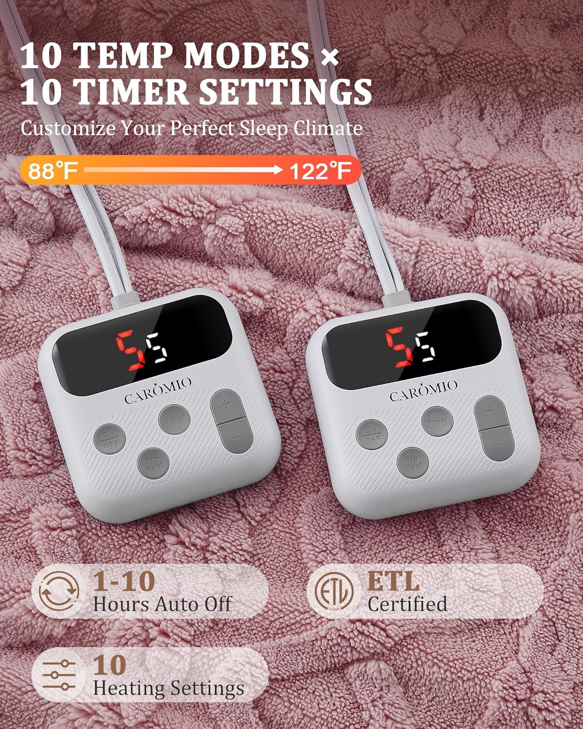 CAROMIO Electric Blanket King Size Dual Control - Thick Tufted Sherpa Heated Blanket King with 10 Heating Levels and 10 Time Settings, ETL Certified Fast Heating Blanket King Size 90"×100", Dusty Pink
