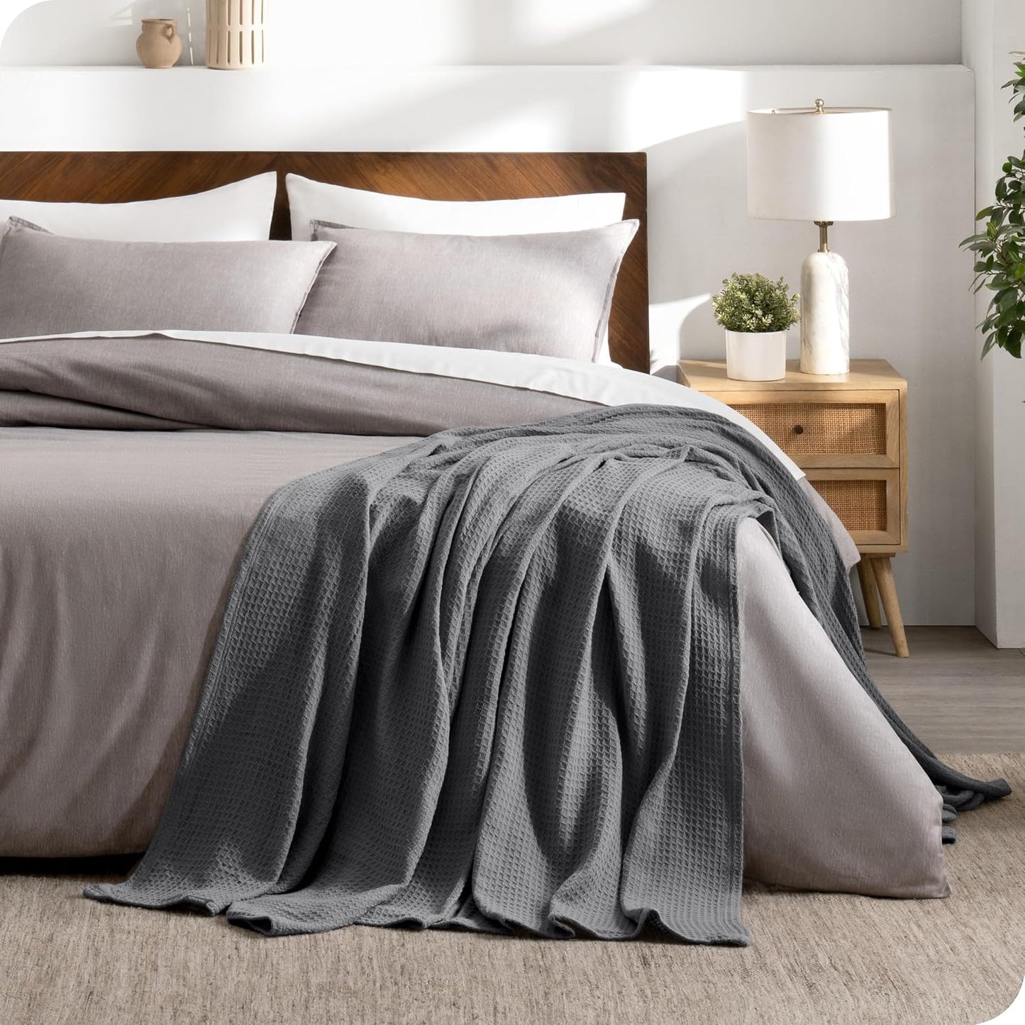 Bare Home Grey Waffle Blanket, 108Wx90L, 100% Cotton, Soft & Breathable Throw for All Seasons, Lightweight Blanket, Perfect for Layering Bed, Sofa & Couch (King/Cal King, Grey)