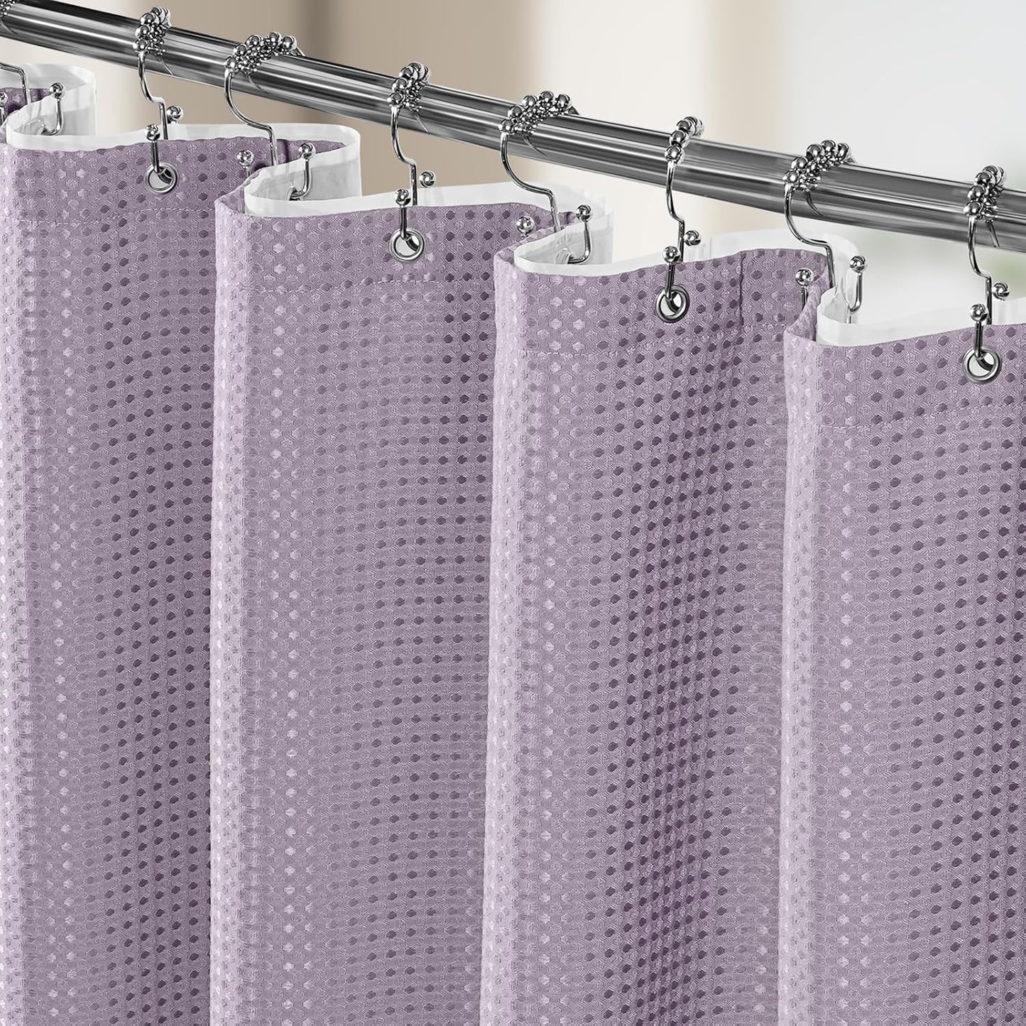 3 in 1 Shower Curtain Set, Waffle Shower Curtain and Liner Set with 12 Double Sided Shower Curtain Hooks, 258GSM Luxury Weighted Cloth Shower Curtains for Bathroom, 72 W x 72 H, Lavender