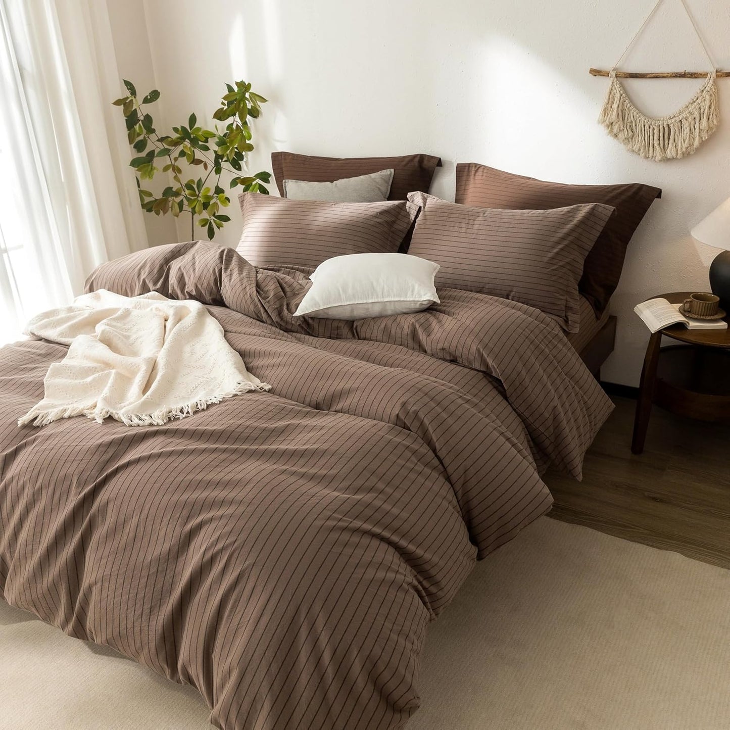 Stripe Duvet Cover Queen Size 90inch x 90inch,100% Washed Cotton Pinstripe Duvet Cover with Zipper Closure and 2 Pillowcases, Color of Light Brown-Black Stripe