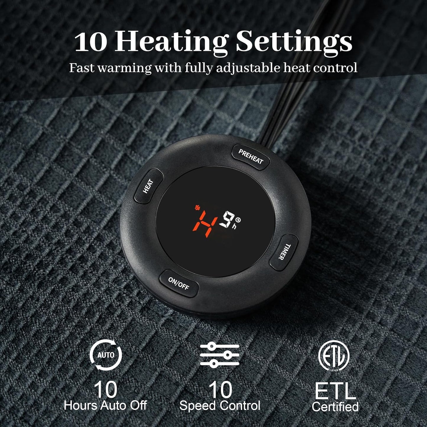 Electric Blanket Queen Size 84''X90'' - Heated Blanket with Dual Control Fast Heating 10 Heating Levels & 10 Hours Auto Off,ETL Certified Machine Washable (Black)