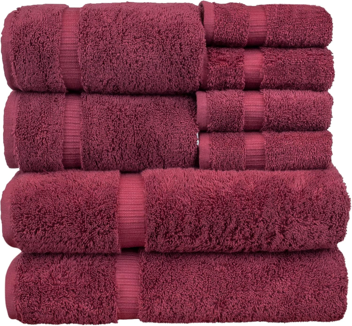 BC BARE COTTON Luxury Hotel & Spa Quality, Highly Absorbent 100% Turkish Cotton, 750+ GSM, Eco Friendly Towel, Bathroom and Kitchen Dobby Border Towels(8 Piece, Cranberry)