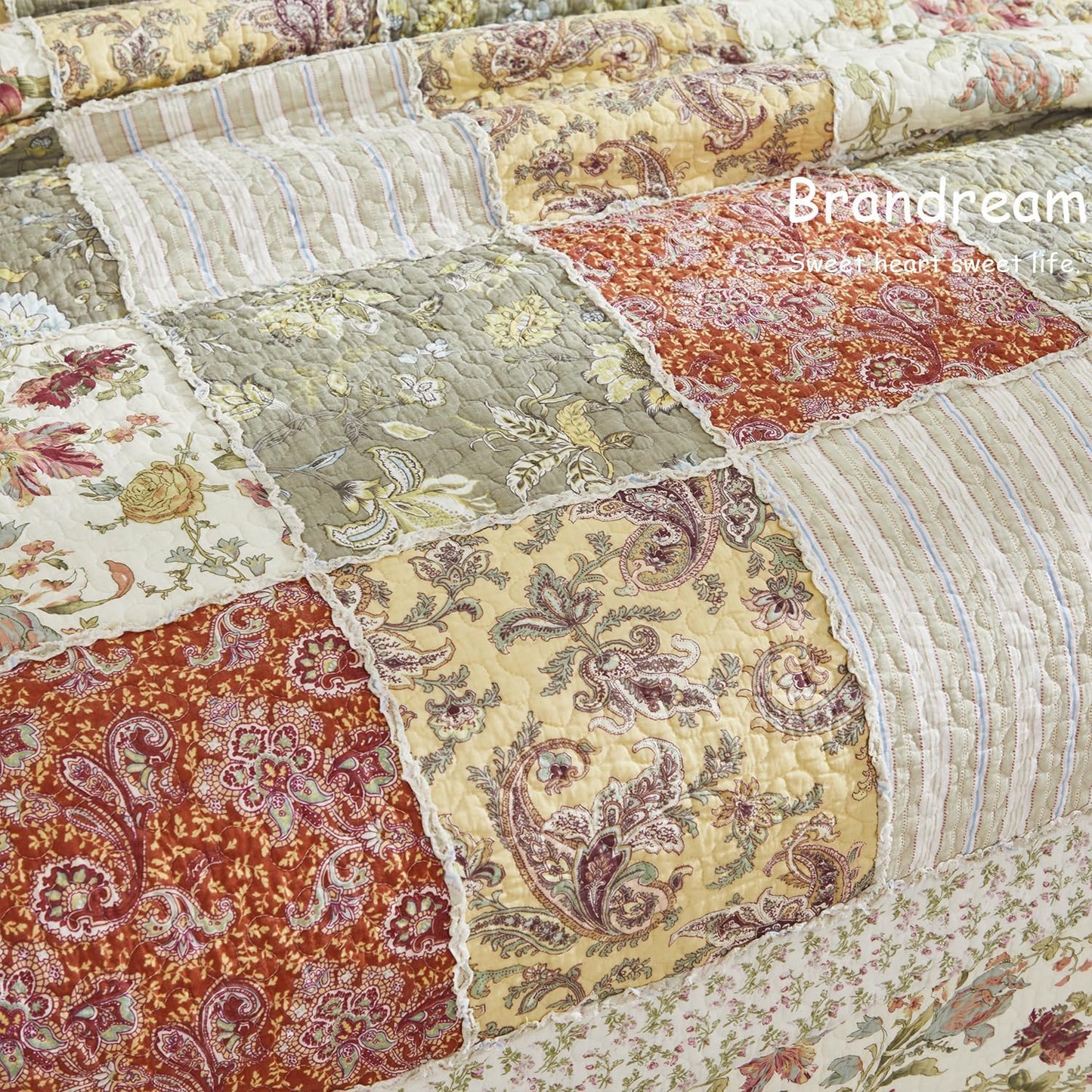 Brandream Queen Size Quilt Set Cotton Luxury Patchwork Quilts Vintage Farmhouse Quilted Comforter Set 3-Piece