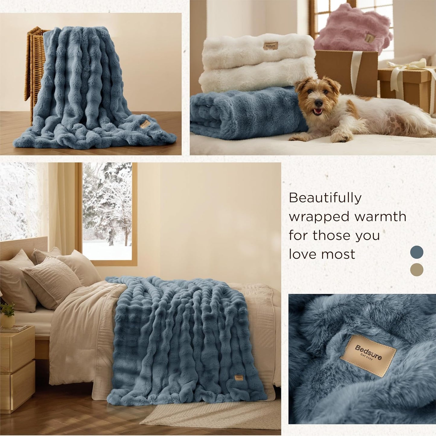 Bedsure GentleSoft Fluffy Faux Fur Throw Blanket for Couch, Soft Fuzzy Bubble Blanket Home Decor Gifts for Bedroom Living Room, Thick Warm Furry Cozy Gifts for Women, Greyish Blue, 50x60 Inch
