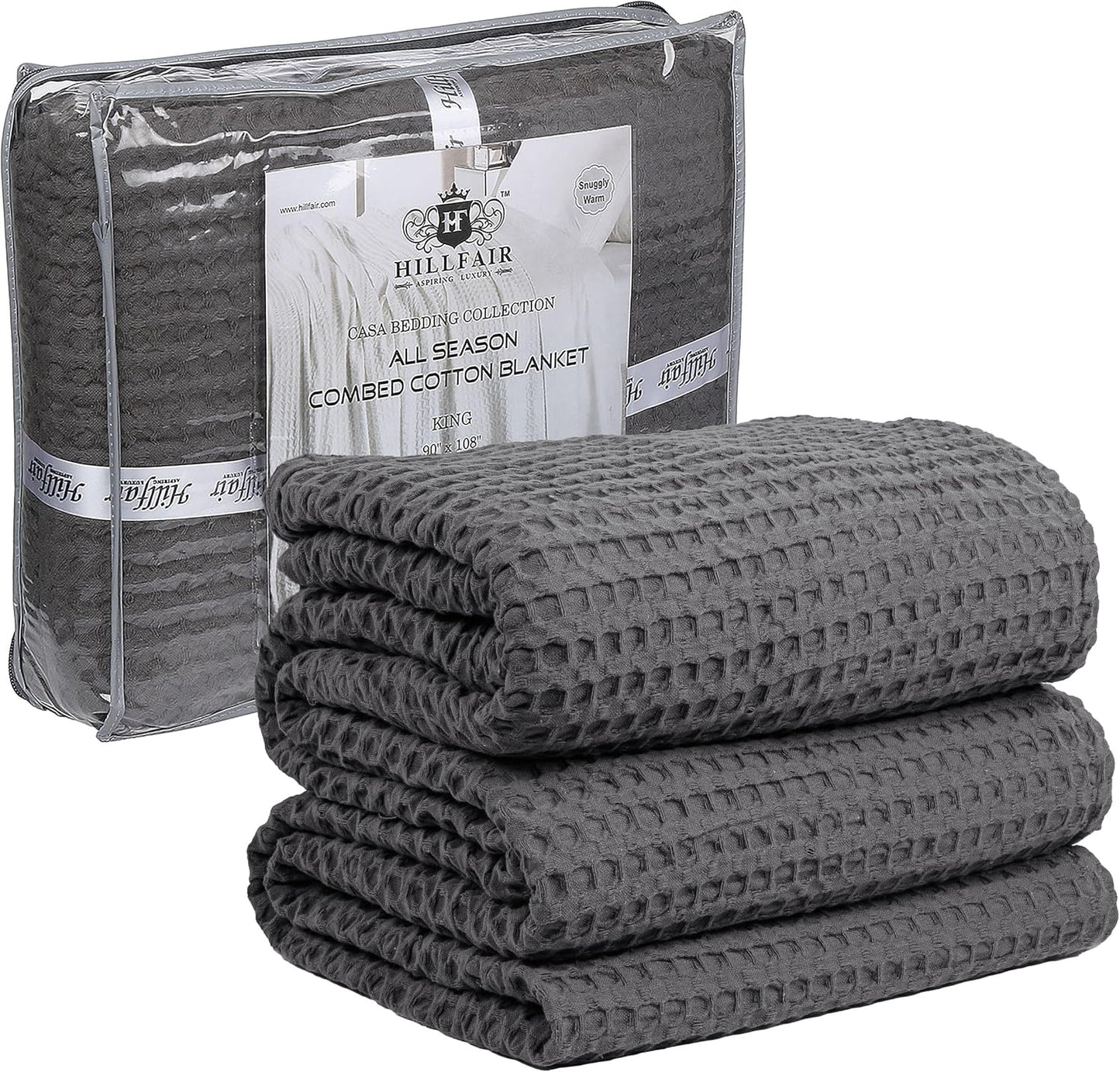 HILLFAIR 100% Cotton Blanket- 120"x120" XXL Oversized King Bed Blankets- Family Size 10 ft x 10 ft Big- Waffle Blankets- All Season Soft Breathable- Extra Large King Cotton Blanket for Bed- Grey
