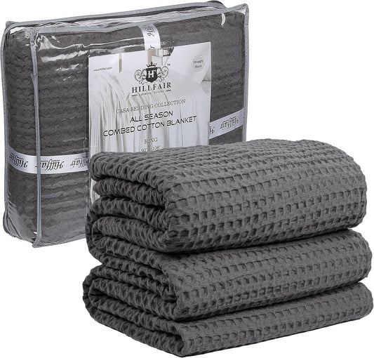 HILLFAIR 100% Cotton Blanket- 120"x120" XXL Oversized King Bed Blankets- Family Size 10 ft x 10 ft Big- Waffle Blankets- All Season Soft Breathable- Extra Large King Cotton Blanket for Bed- Grey