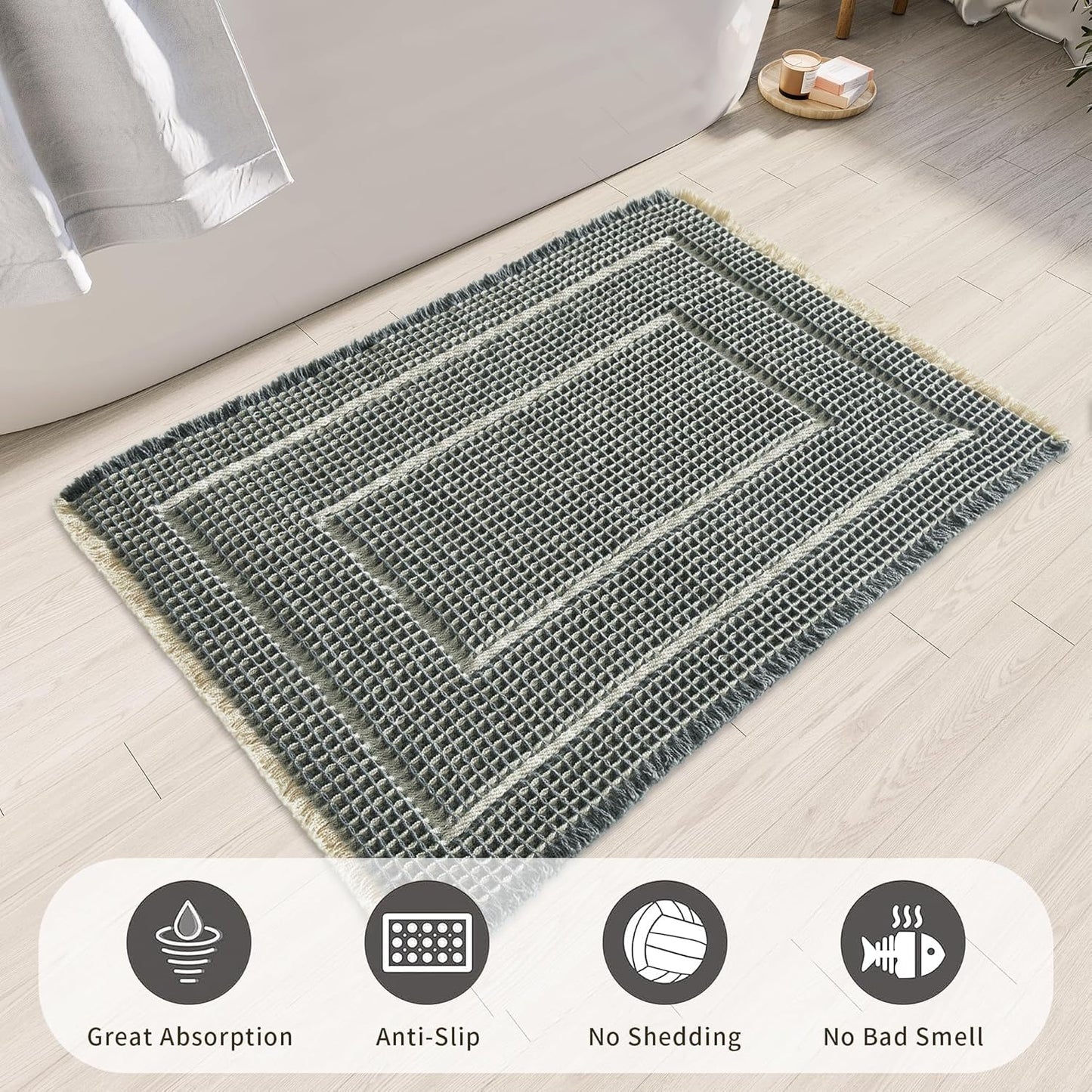 Bath Mats,Upgraded Waffle Super Absorbent Bath Mat,Bathroom Rugs Non Slip Washable, Quick Dry Shower Mats, Ultra Soft Bath Mats for Bath Floor,Bluish Grey & Yellow,24"*36"