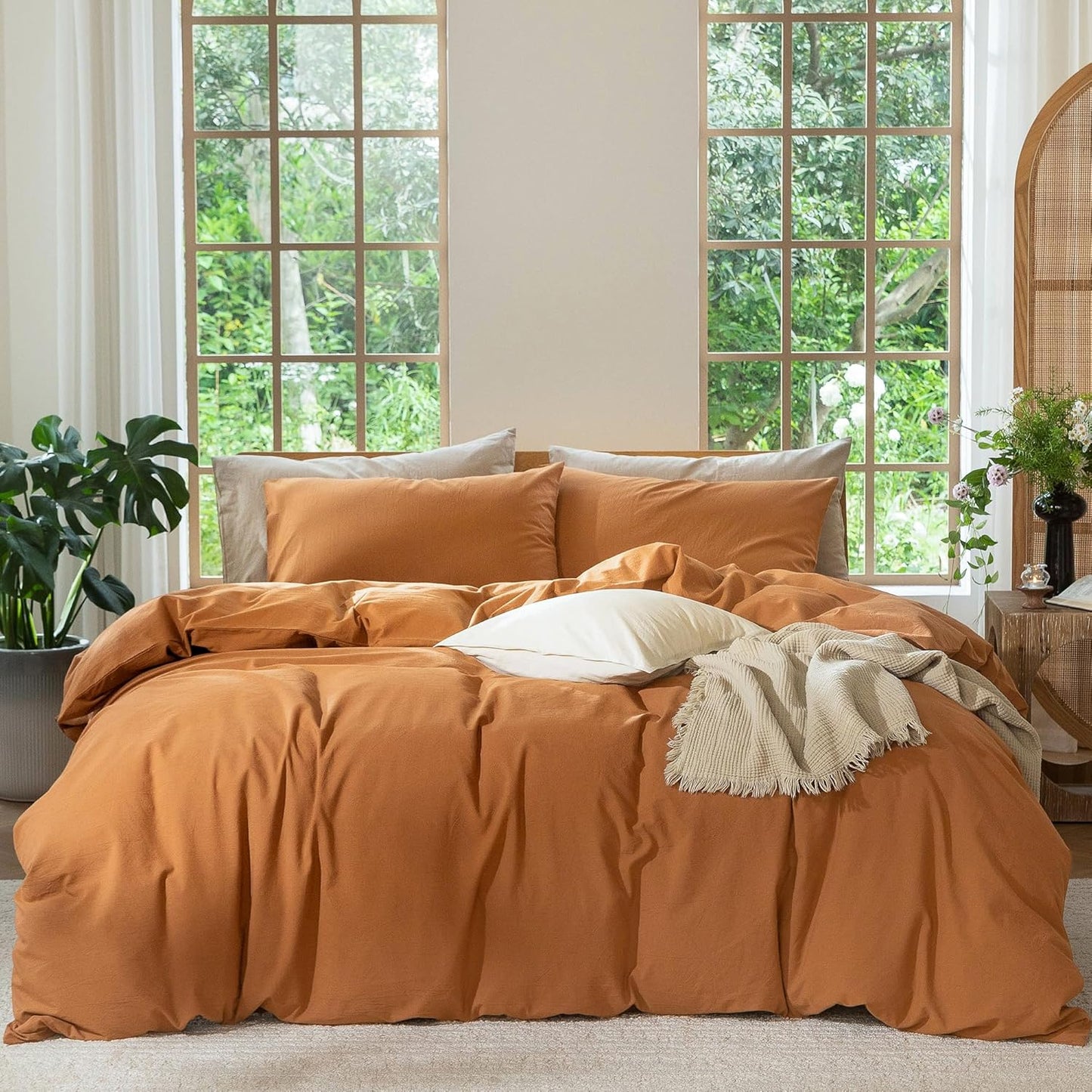 MooMee Bedding Duvet Cover Set 100% Washed Cotton Linen Like Textured Breathable Durable Soft Comfy (Solid Burnt Orange, Cal King 104"x98")