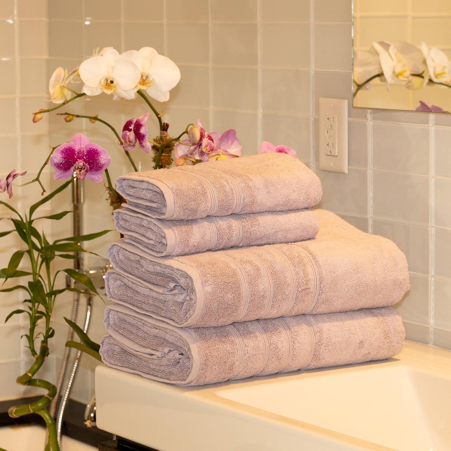 Mosobam Luxury Turkish 4pc XL Towel Set 35X70 16X30 Lavender Aura 700 GSM Bamboo Viscose & Aegean Turkish Combed Cotton