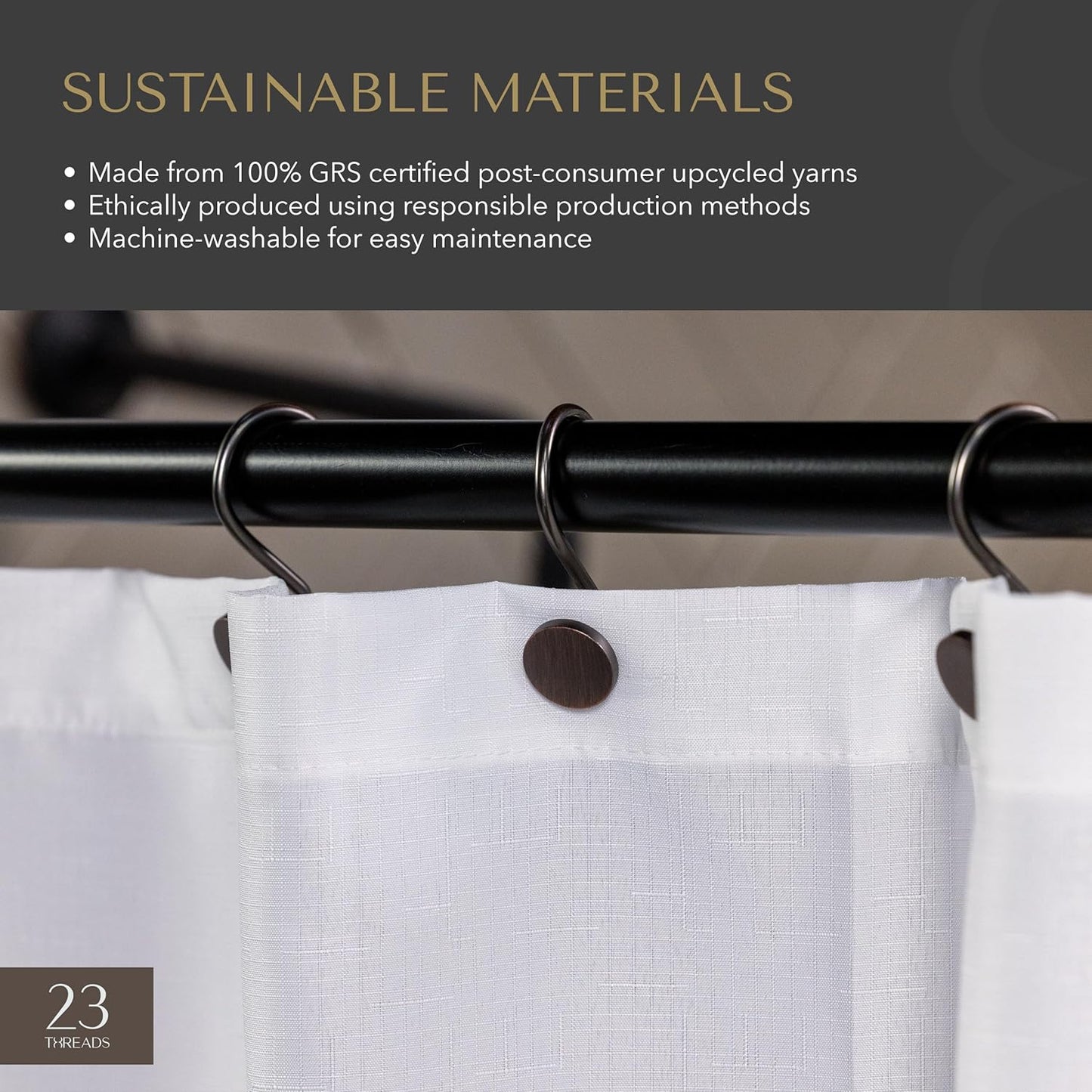 23 THREADS Fabric Shower Curtain for Bathroom, Water Resistant, Made from Sustainable Yarns, White, Textured Weave