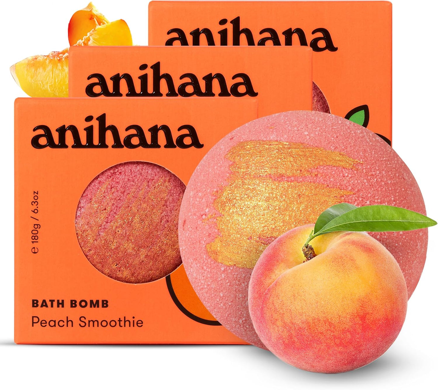 ANIHANA Bath Bombs with Coconut Oil, Paraben Free, Hand-Crafted Luxury Fizzers, Refreshing Peach Smoothie Scent, 6.3 oz Each, 3 Pack