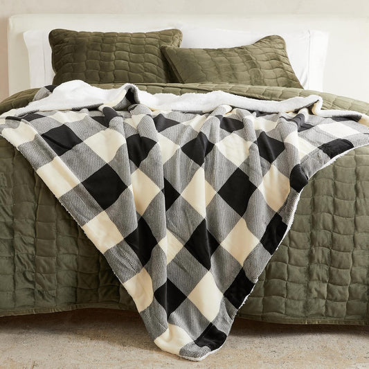 Fleece/Sherpa Throw Blanket - Super Soft Printed Blanket for Couch, Chair, or Bed - Cozy, Luxurious Plush Throw Blanket - Throw 50" x 60", Black/White Buff Check