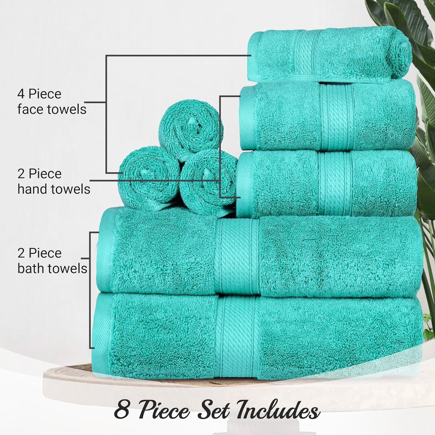 Superior Egyptian Cotton Pile 8 Piece Towel Set, Includes 2 Bath, 2 Hand, 4 Face Towels/Washcloths, Ultra Soft Luxury Towels, Thick Plush Essentials, Guest Bath, Spa, Hotel Bathroom, Turquoise