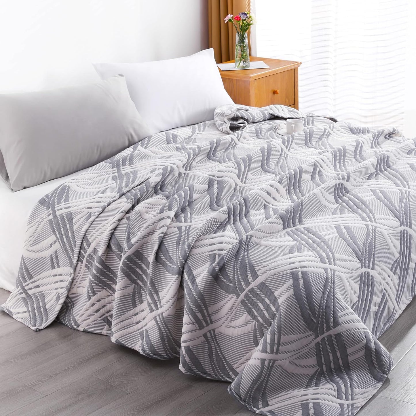 NTBAY 3 Layers Cotton Muslin 68x92 Twin Bed Blanket, Super Soft Breathable Thermal Yarn Dyed Quilt for Adults, Perfect Lightweight Blanket for Couch Sofa Bed All Seasons, Grey Wave