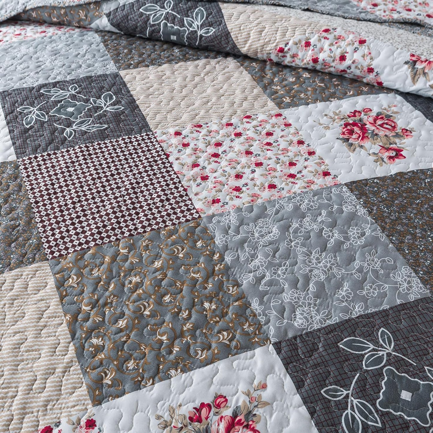 HoneiLife Queen Size Quilt Set - 3 Pieces - Grey Border Microfiber Bedding Set - Lightweight, Reversible Coverlets, Floral Bedding - All Season Quilts