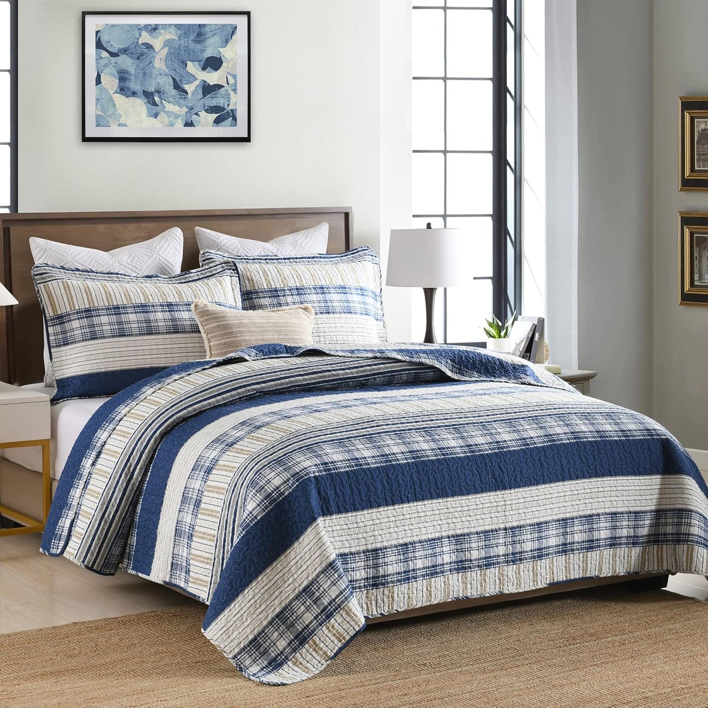 Homzard California King Size Comforter Set,100% Cotton Oversized Plaid Striped California Quilt Set, Blue White Tan Bedding Sets (118 * 106 Inch) with 2 Pillow Shams, Farmhouse Reversible Bedspread