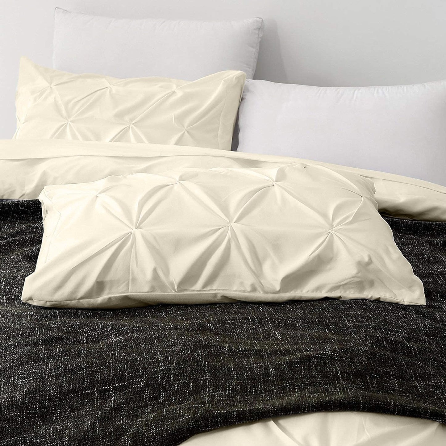 Pinch Pleated Duvet Cover Set 100% Brushed Microfiber 3PC Twin Size 68x90 Duvet Cover Set, Decorative Pinch Design Ivory Duvet Cover with Matching Pillow Case