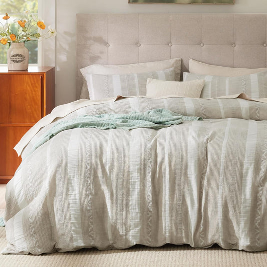 Bedsure Waffle Weave Duvet Cover Queen - 100% Cotton Boho Duvet Cover with 2 Pillowcases - Linen Color Textured Comforter Cover with Zipper Closure (Queen, 90"x90")