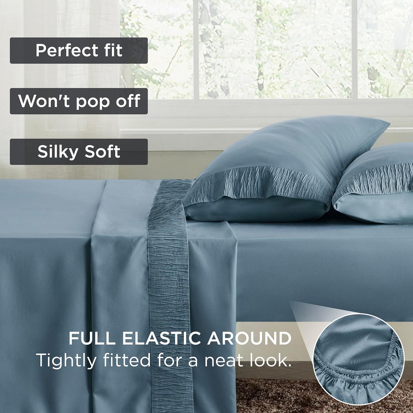 Bedsure Queen Sheet Set - Soft Sheets for Queen Size Bed, 4 Pieces Hotel Luxury Mineral Blue Sheets Queen, Easy Care Polyester Microfiber Cooling Bed Sheet Set