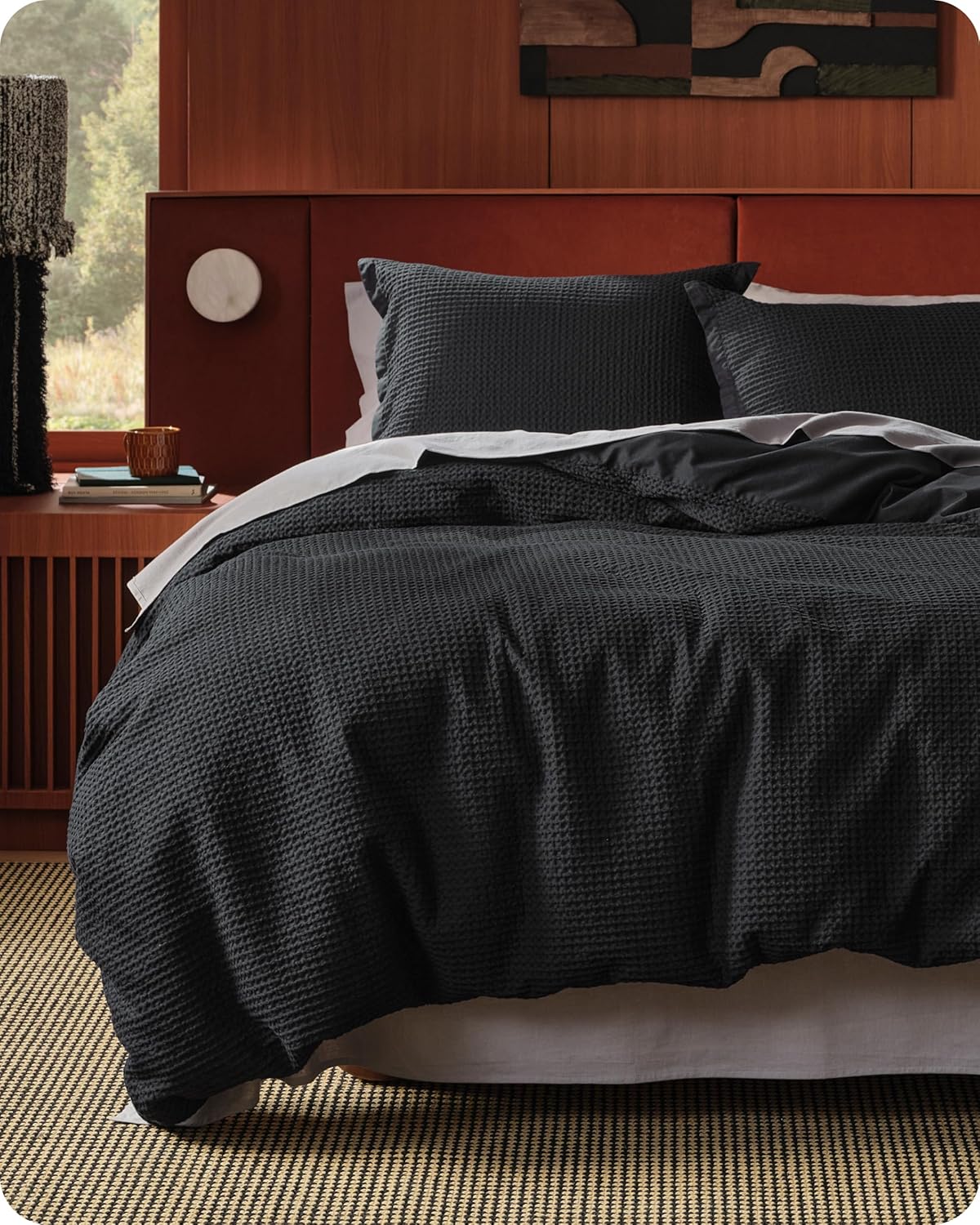 Bedsure Cotton Duvet Cover Set - 100% Cotton Waffle Weave Black Duvet Cover Oversized King Size, GentleSoft™ and Breathable Bedding Set for All Season, 3 Pieces, 120"x98"