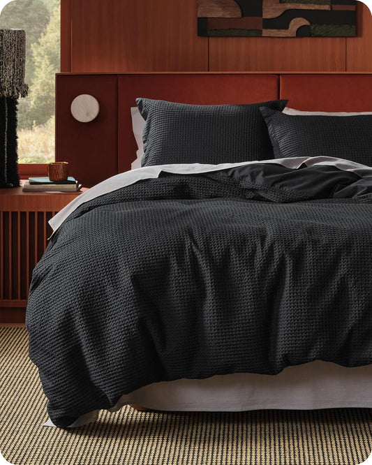 Bedsure Cotton Duvet Cover Queen Size - 100% Cotton Waffle Weave Black Duvet Cover Queen Size, GentleSoft™ and Breathable Bedding Set for All Season, 3 Pieces, 90"x90"