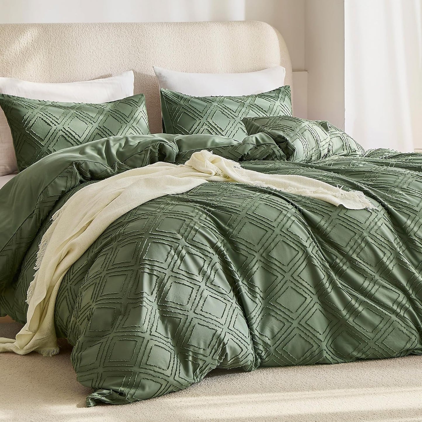JELLYMONI Duvet Cover Queen Size Green - 3PCS Boho Duvet Cover Set Plaid Polyester Tufted Bohemian Jacquard Knit Textured Comforter Cover 90×90in Rhombic Geometric Pattern Zipper Corner Tie