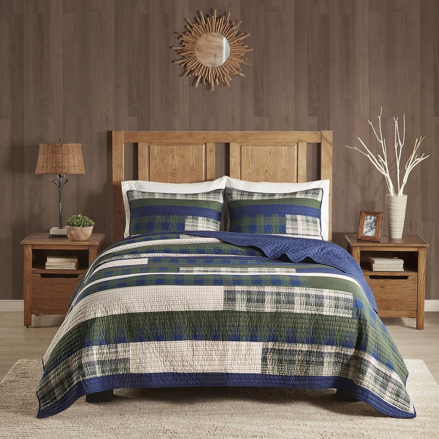 WOOLRICH Spruce Hill Reversible Quilt Set - Cottage Styling Reversed to Solid Color, All Season Lightweight Coverlet, Cozy Bedding Layer, Matching Shams, Oversized King/Cal King, Stripes Green 3 Piece