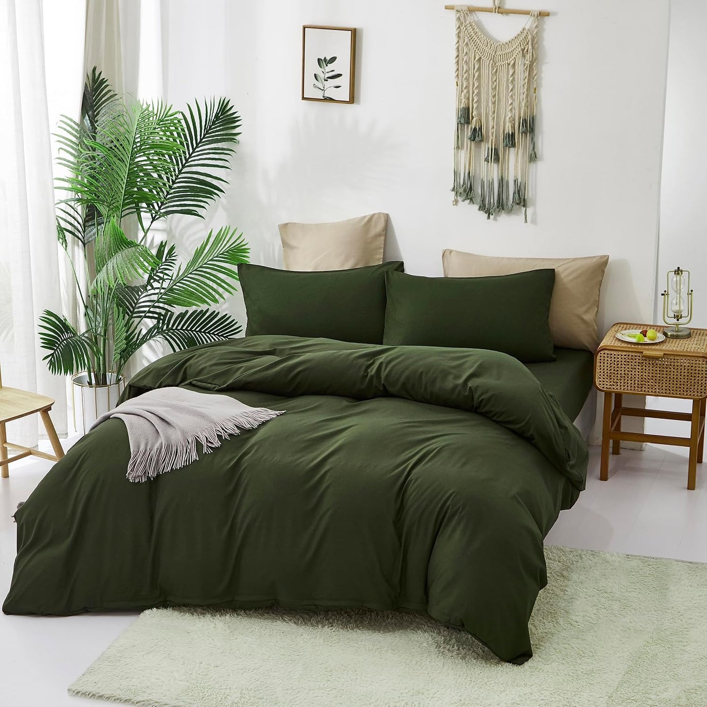Cottonight Army Green Comforter Set Full Dark Green Bedding Set Plain Blanket Quilts Modern Soft Breathable 3 Piece Comforter Set for Women Men