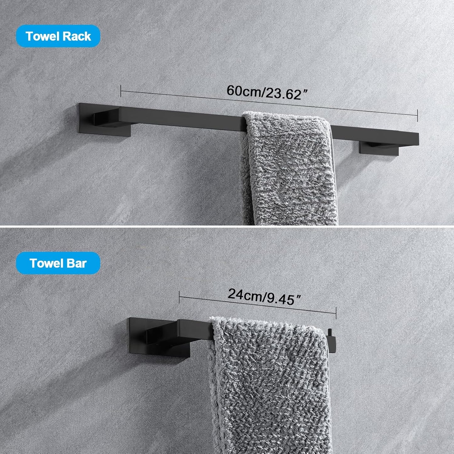 4-Pieces Bathroom Hardware Accessories Set, Towel Rack Towel Bar Toilet Paper Holder Towel Hook Self Adhesive Stainless Steel Towel Rack Set for Bathroom Wall Mounted, Matte Black 23 Inch